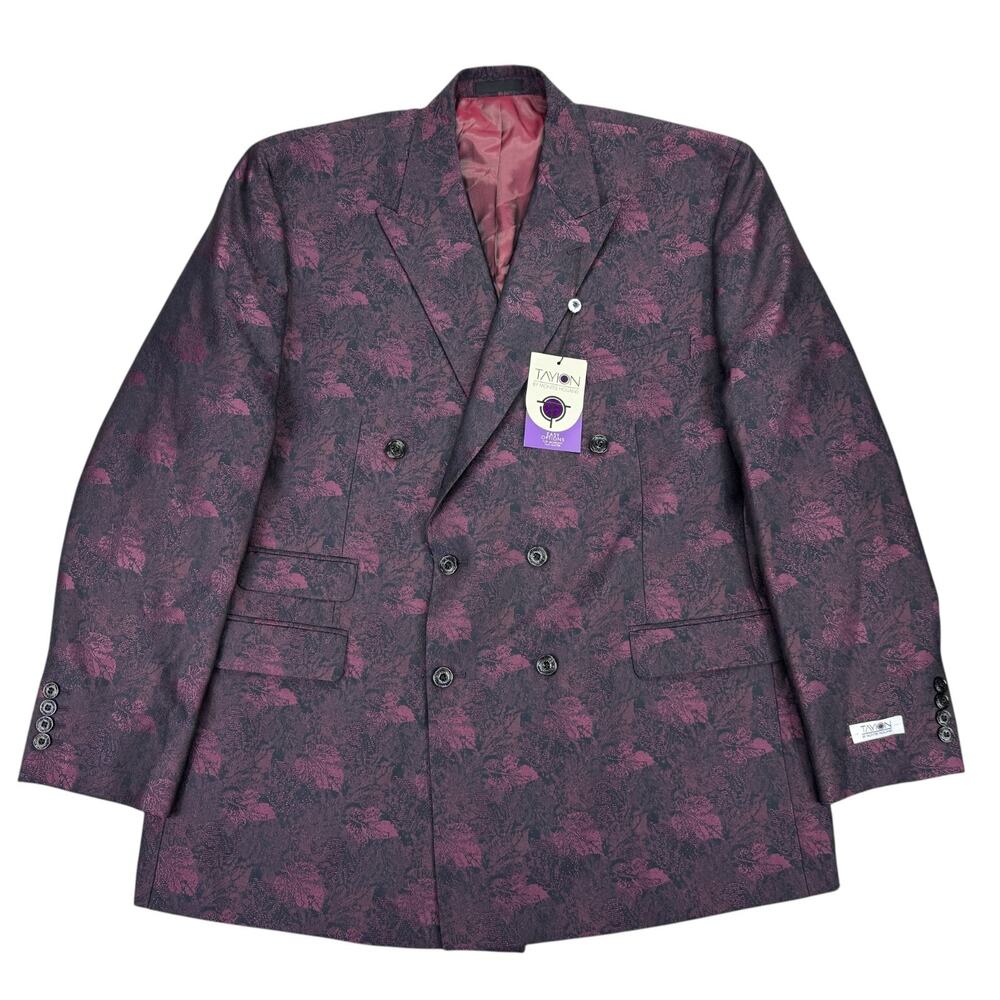 Tayion Mens Classic Fit Jacquard Double-Breasted Suit Jacket Wine Red Black 46R